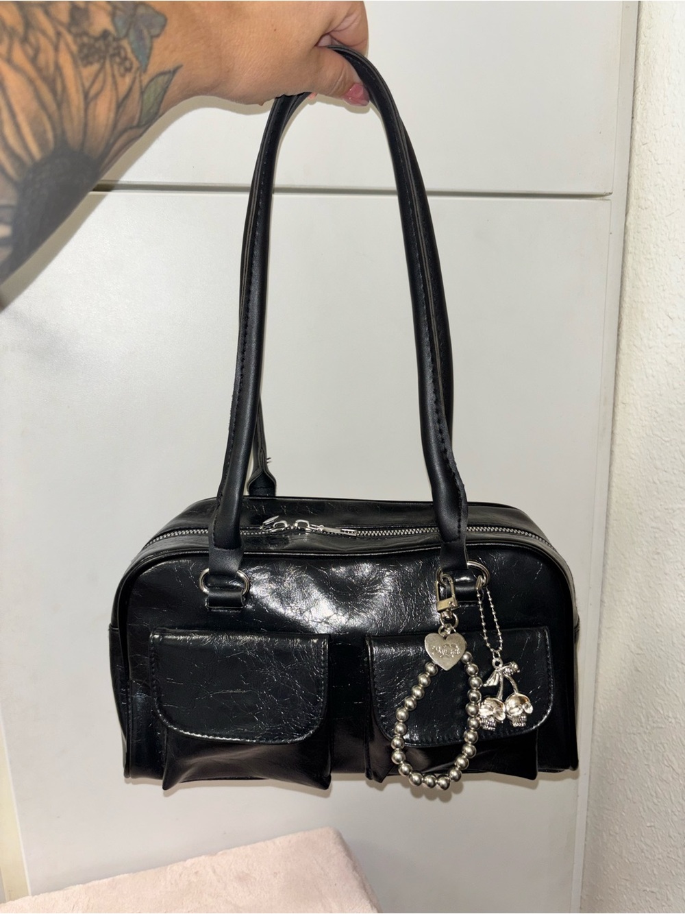 Black Women's Y2K faux leather Shoulder Bag with Charm Accents